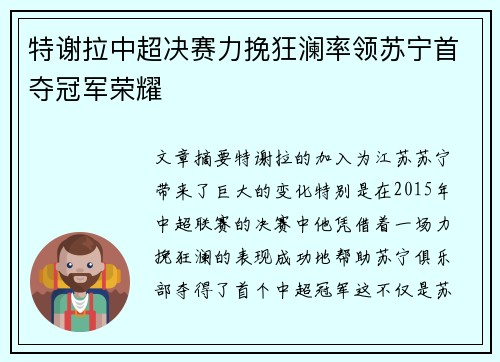 特谢拉中超决赛力挽狂澜率领苏宁首夺冠军荣耀 特谢拉中超决赛力挽狂澜率领苏宁首夺冠军荣耀
